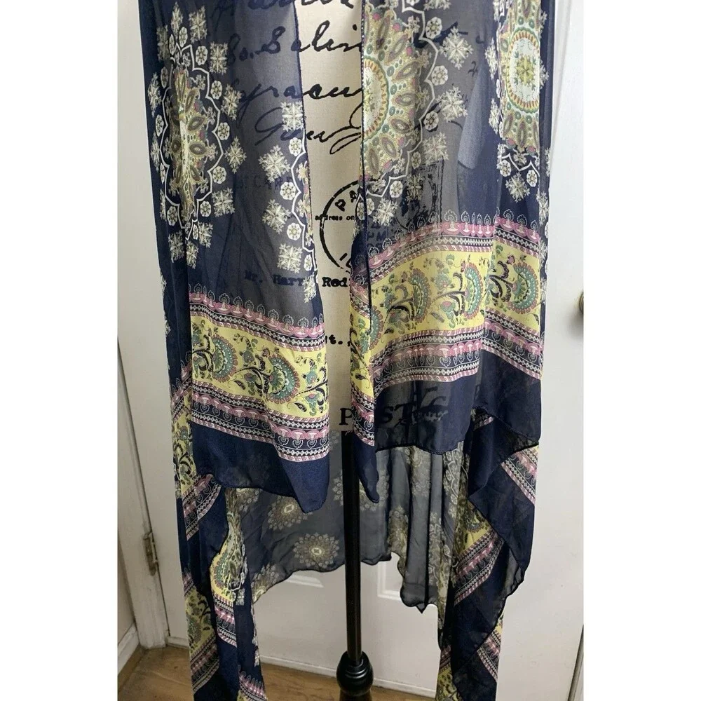 Scarf Vest Long Flowy Sleeveless Navy Print Silky One Size Boho Asymetrical